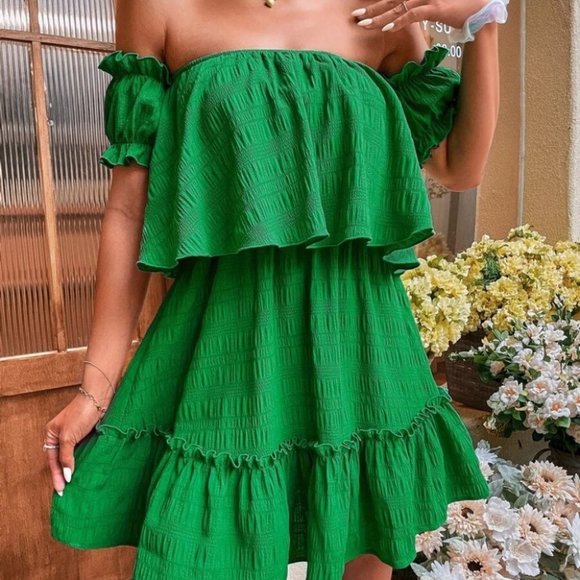 . Dresses & Skirts - Boho Green Off Shoulder Ruffle Hem Mini Dress